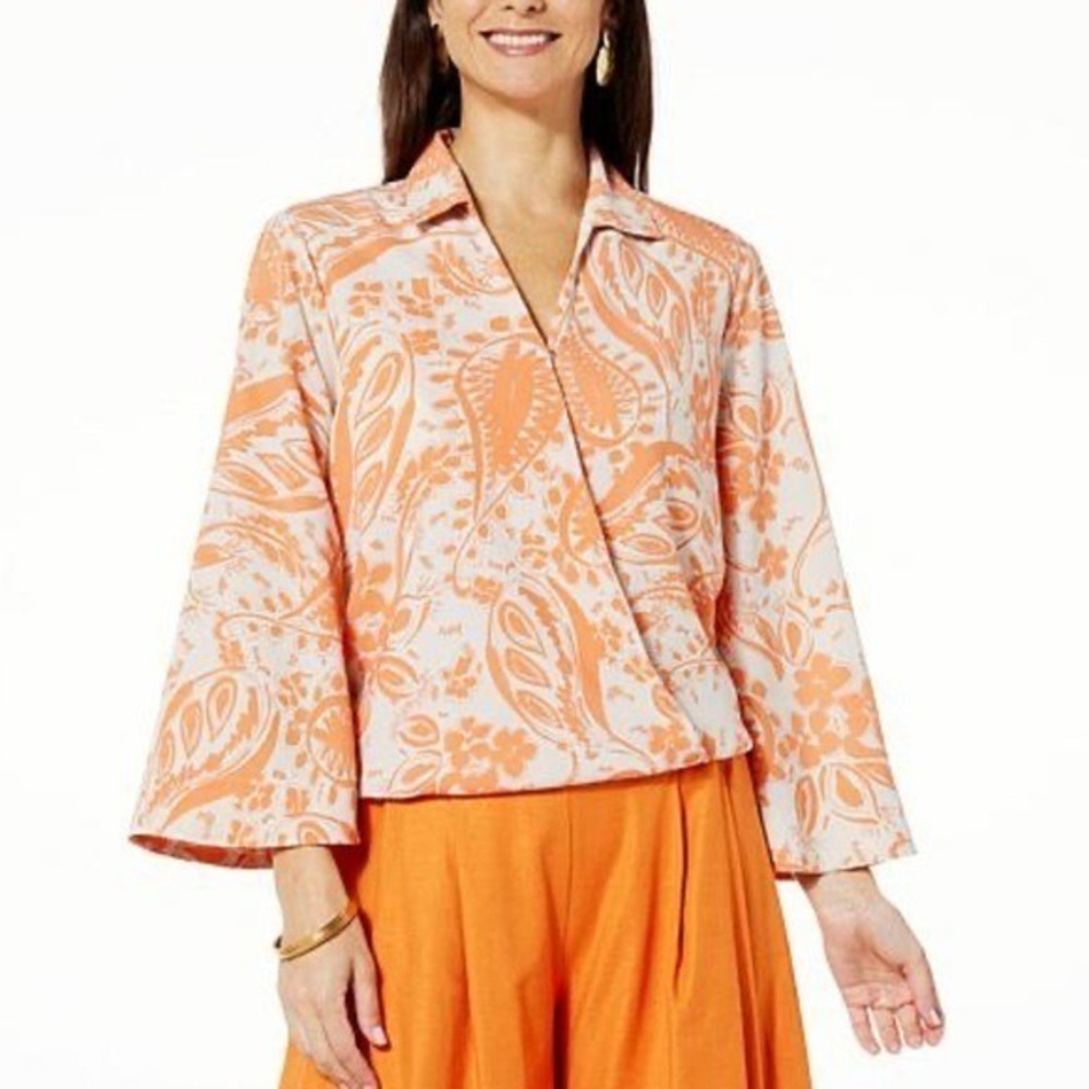 Everyday Jones Paisley Orange Beige Blouse Large Crossover Collared - Small